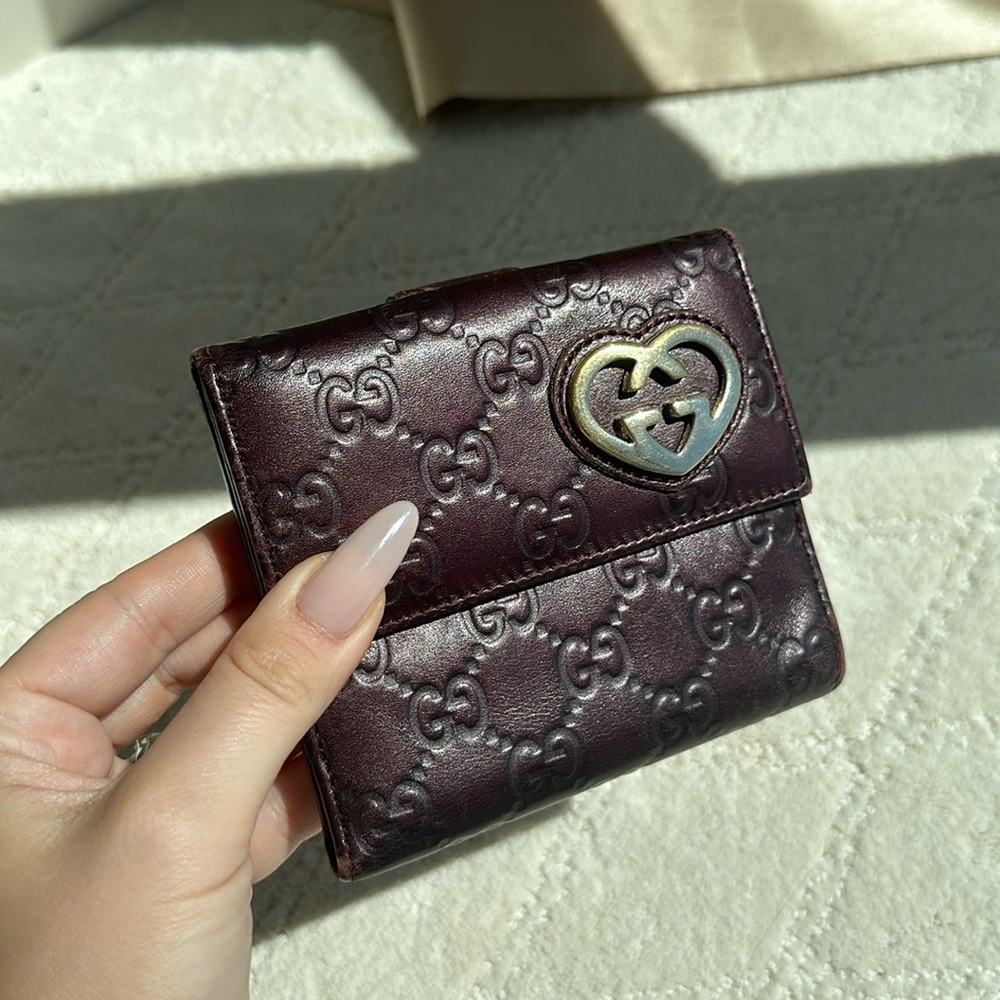 Gucci Embossed GG Heart Logo Burgundy Leather Wallet